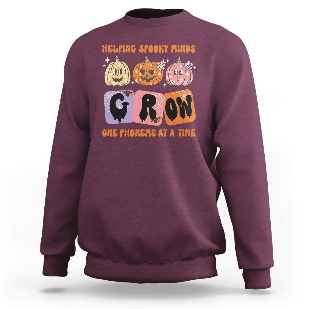 Halloween Reading Sweatshirt Helping Spooky Minds Grow One Phoneme Dyslexia Pumpkin - Wonder Print Shop