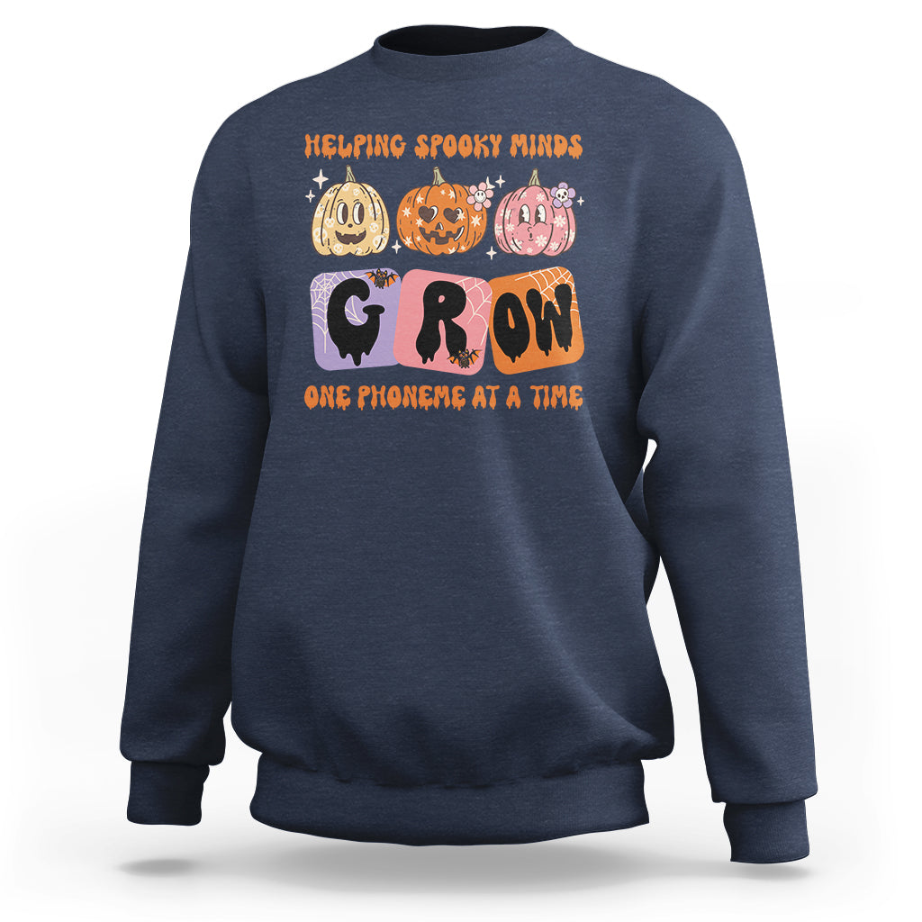 Halloween Reading Sweatshirt Helping Spooky Minds Grow One Phoneme Dyslexia Pumpkin - Wonder Print Shop