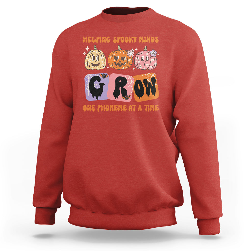 Halloween Reading Sweatshirt Helping Spooky Minds Grow One Phoneme Dyslexia Pumpkin - Wonder Print Shop