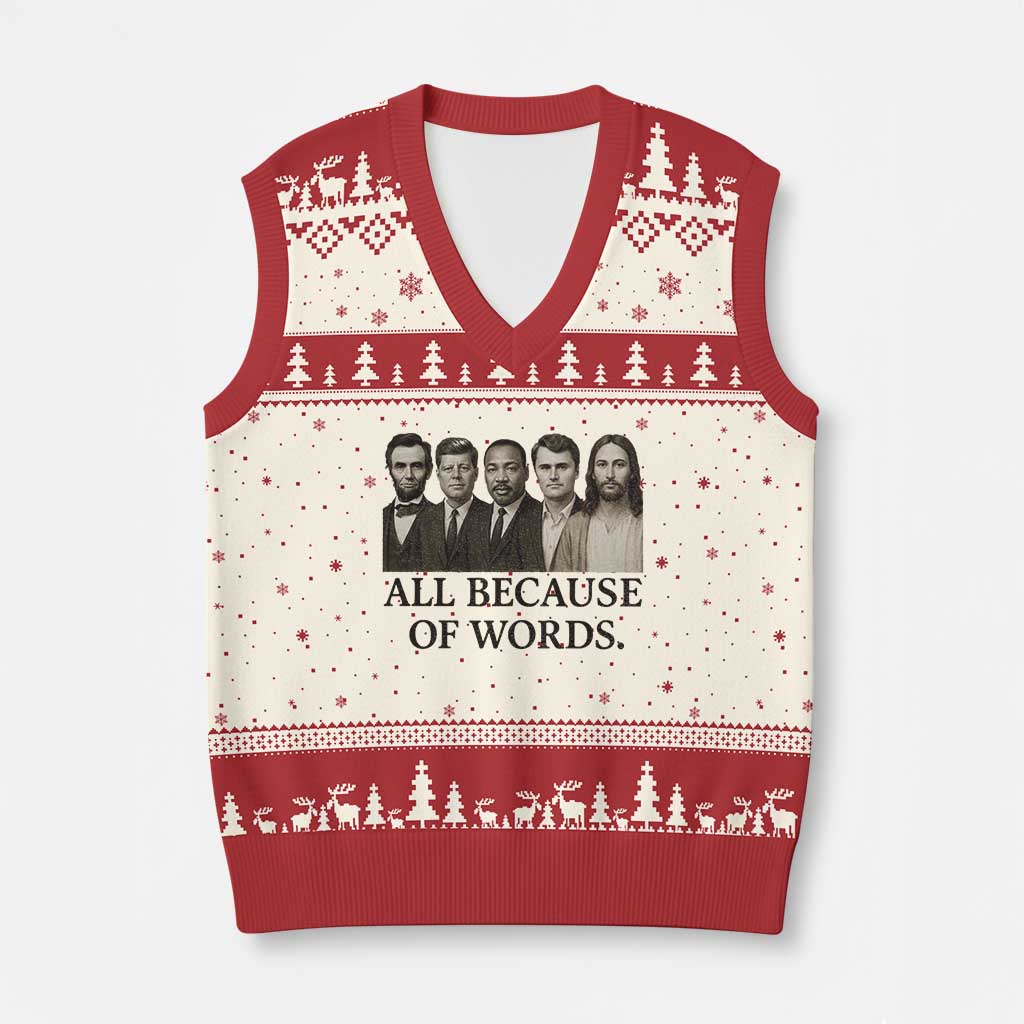 All Because of Words V-Neck Knit Sweater Vest Tribute to Truth Tellers Freedom Defender - Wonder Print Shop