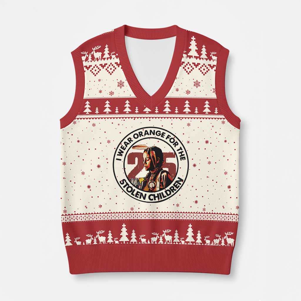 I Wear Orange For The 215 Stolen Children V-Neck Knit Sweater Vest Indigenous Girl Orange Shirt Day - Wonder Print Shop
