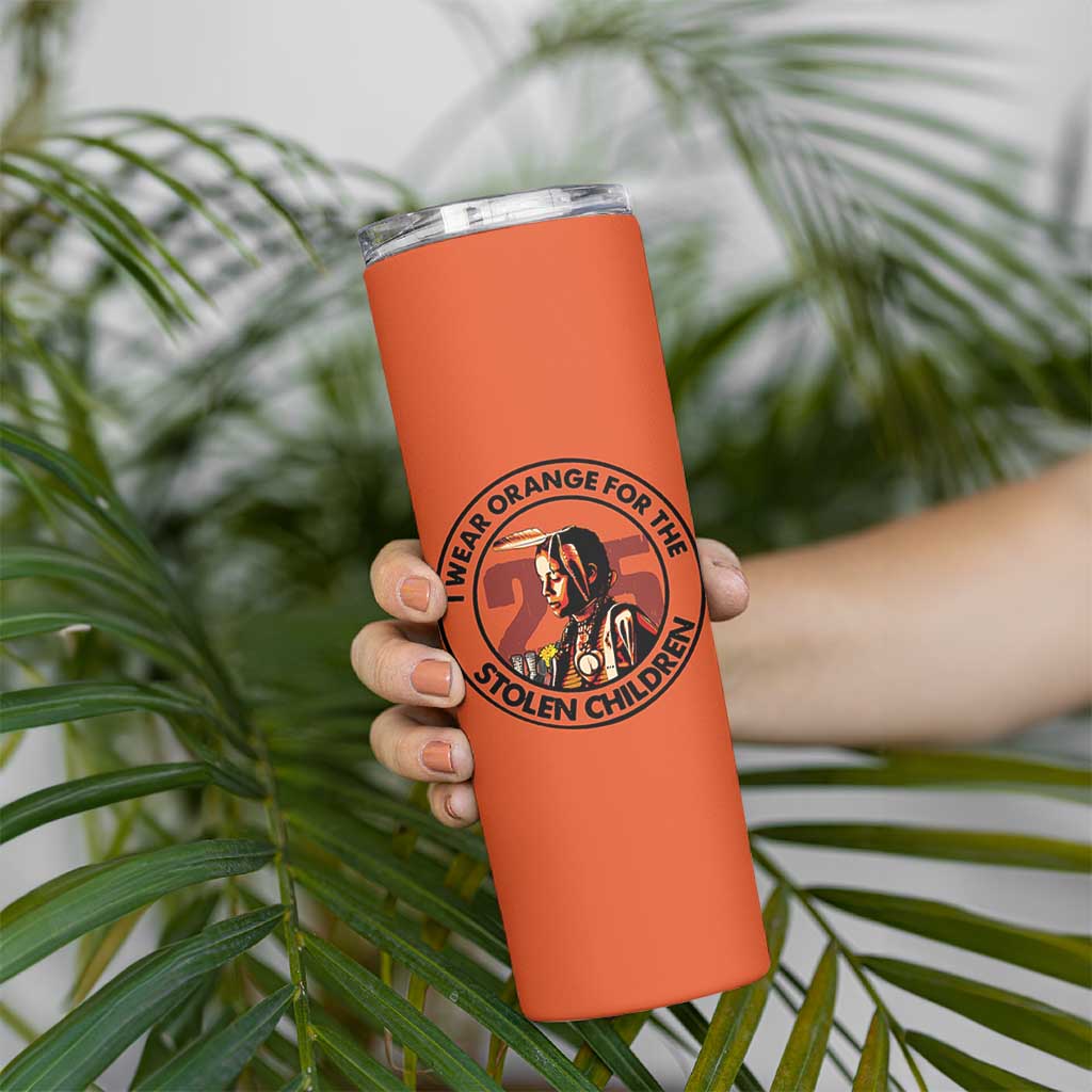 I Wear Orange For The 215 Stolen Children Skinny Tumbler Indigenous Girl Orange Shirt Day - Wonder Print Shop
