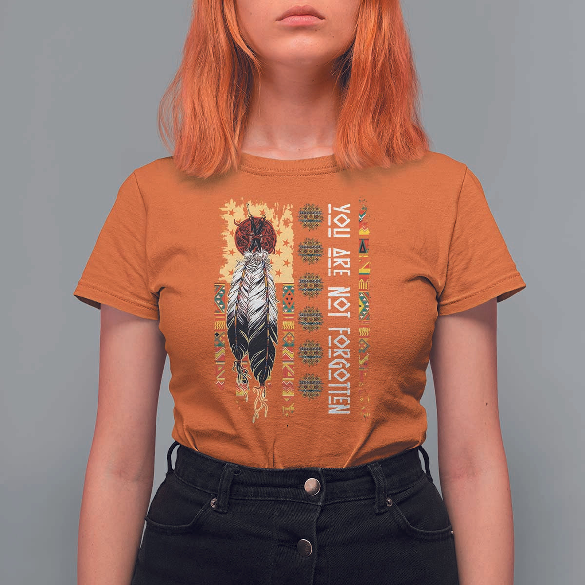 Orange Shirt Day Feather Flag T Shirt For Women You Are Not Forgotten Indigenous Tribute - Wonder Print Shop