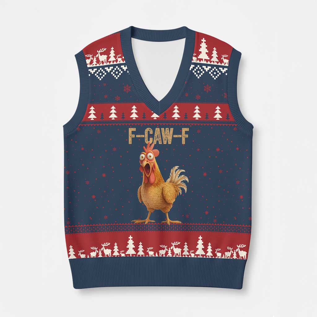 Funny F Caw F Chicken Meme Graphic V-Neck Knit Sweater Vest Hilarious Cartoon Poultry Humor - Wonder Print Shop