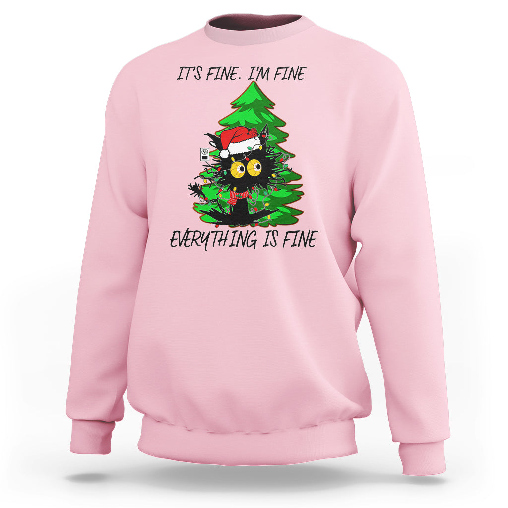 Black Cat Christmas Sweatshirt It's Fine I'm Fine Everthing Is Fine Funny Xmas - Wonder Print Shop