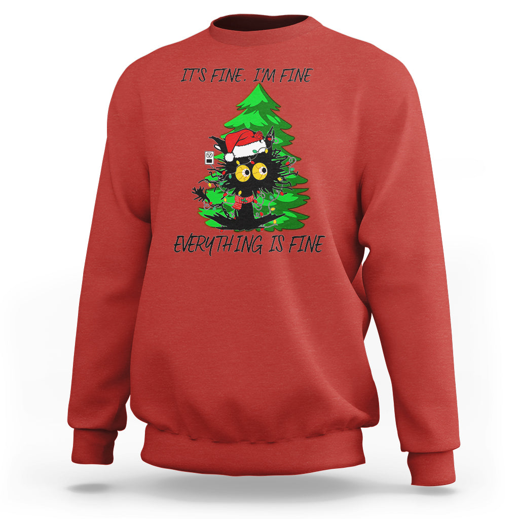 Black Cat Christmas Sweatshirt It's Fine I'm Fine Everthing Is Fine Funny Xmas - Wonder Print Shop