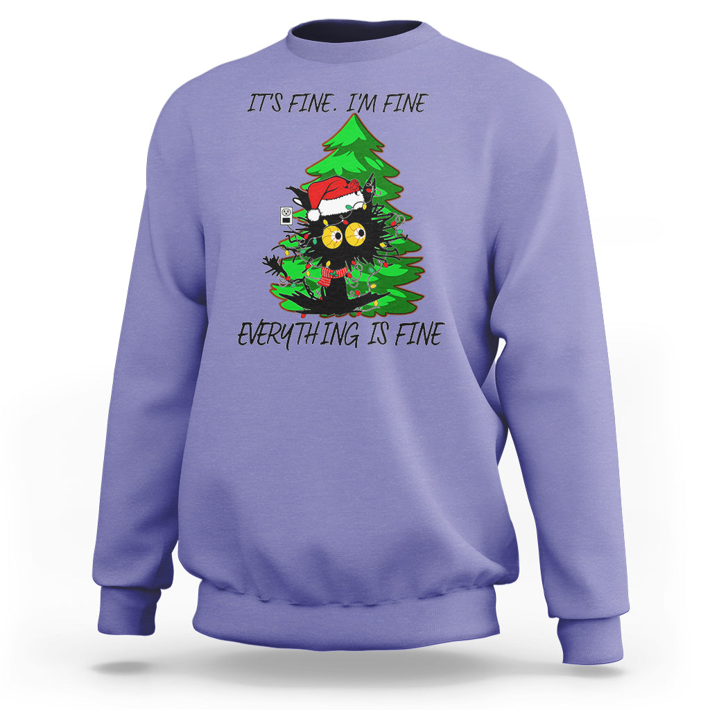Black Cat Christmas Sweatshirt It's Fine I'm Fine Everthing Is Fine Funny Xmas - Wonder Print Shop