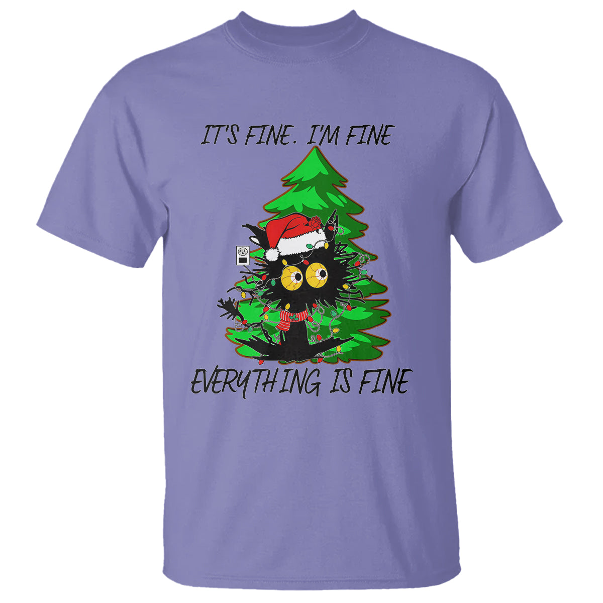 Black Cat Christmas T Shirt It's Fine I'm Fine Everthing Is Fine Funny Xmas - Wonder Print Shop