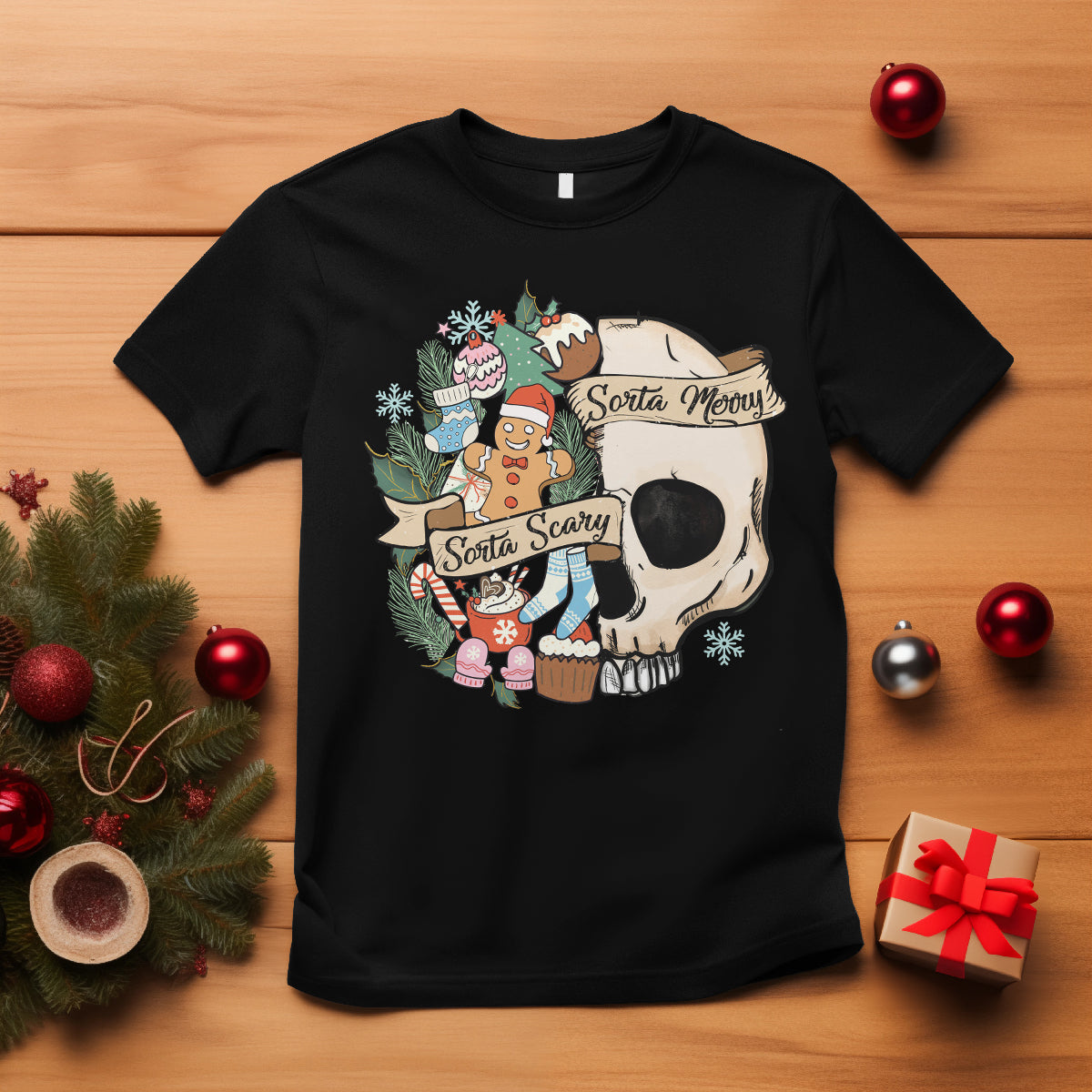 Skull Christmas T Shirt Sorta Scary Sorta Merry - Wonder Print Shop