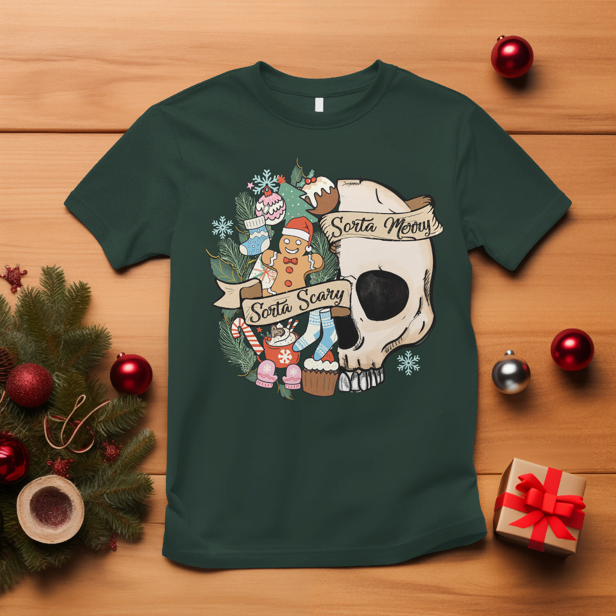 Skull Christmas T Shirt Sorta Scary Sorta Merry - Wonder Print Shop