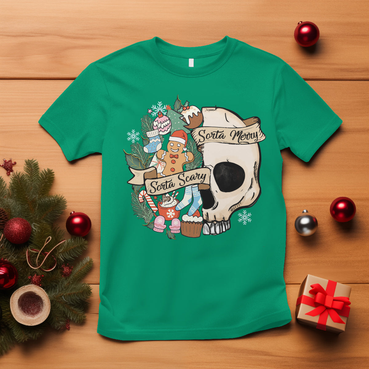 Skull Christmas T Shirt Sorta Scary Sorta Merry - Wonder Print Shop