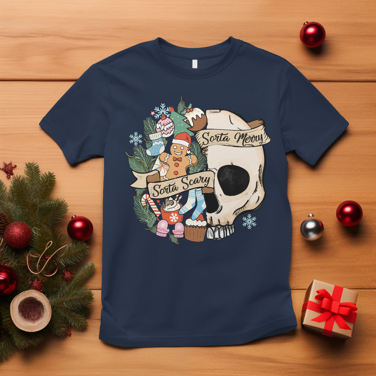 Skull Christmas T Shirt Sorta Scary Sorta Merry - Wonder Print Shop
