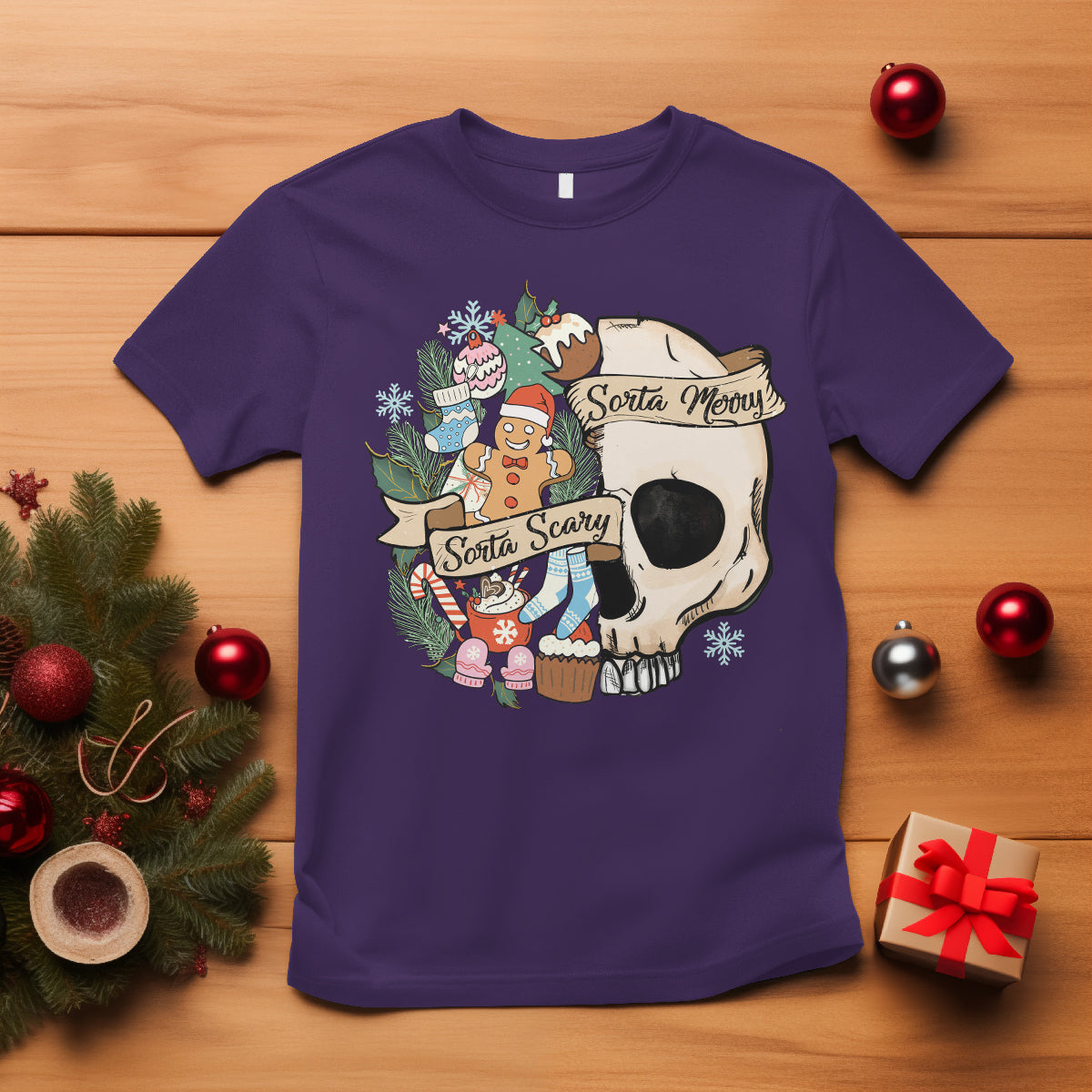 Skull Christmas T Shirt Sorta Scary Sorta Merry - Wonder Print Shop