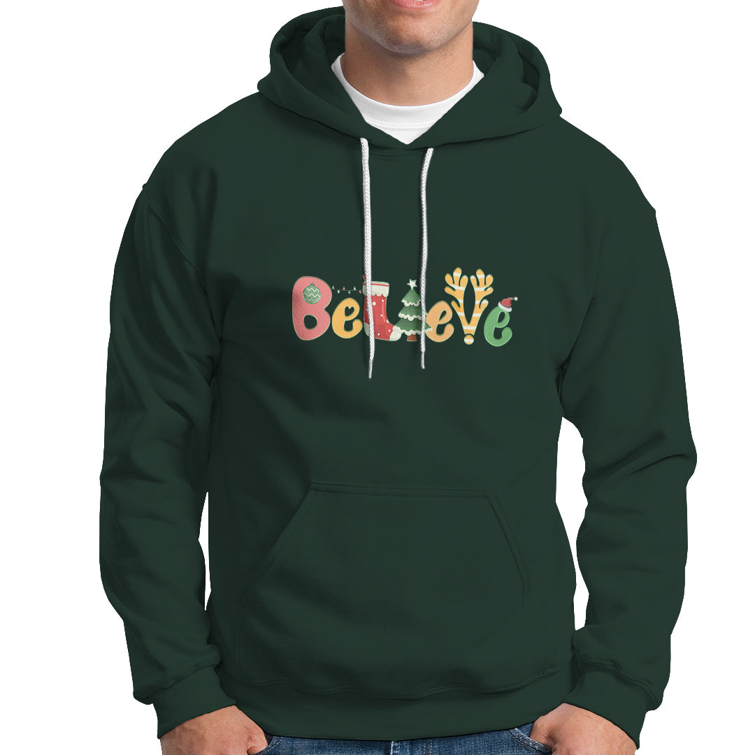Believe Christmas Hoodie Santa Claus Reindeer Candy Cane Groovy Xmas - Wonder Print Shop