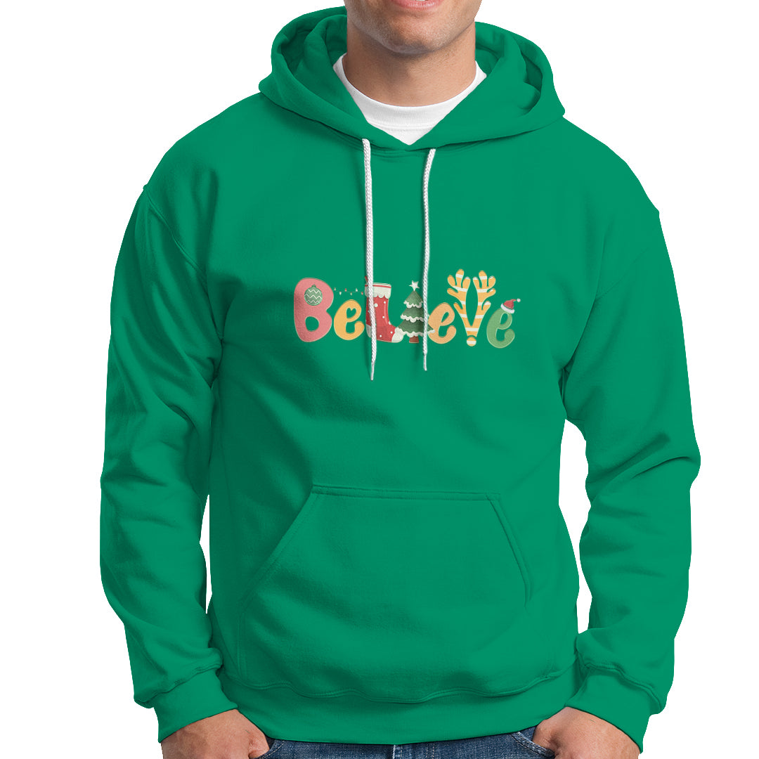 Believe Christmas Hoodie Santa Claus Reindeer Candy Cane Groovy Xmas - Wonder Print Shop