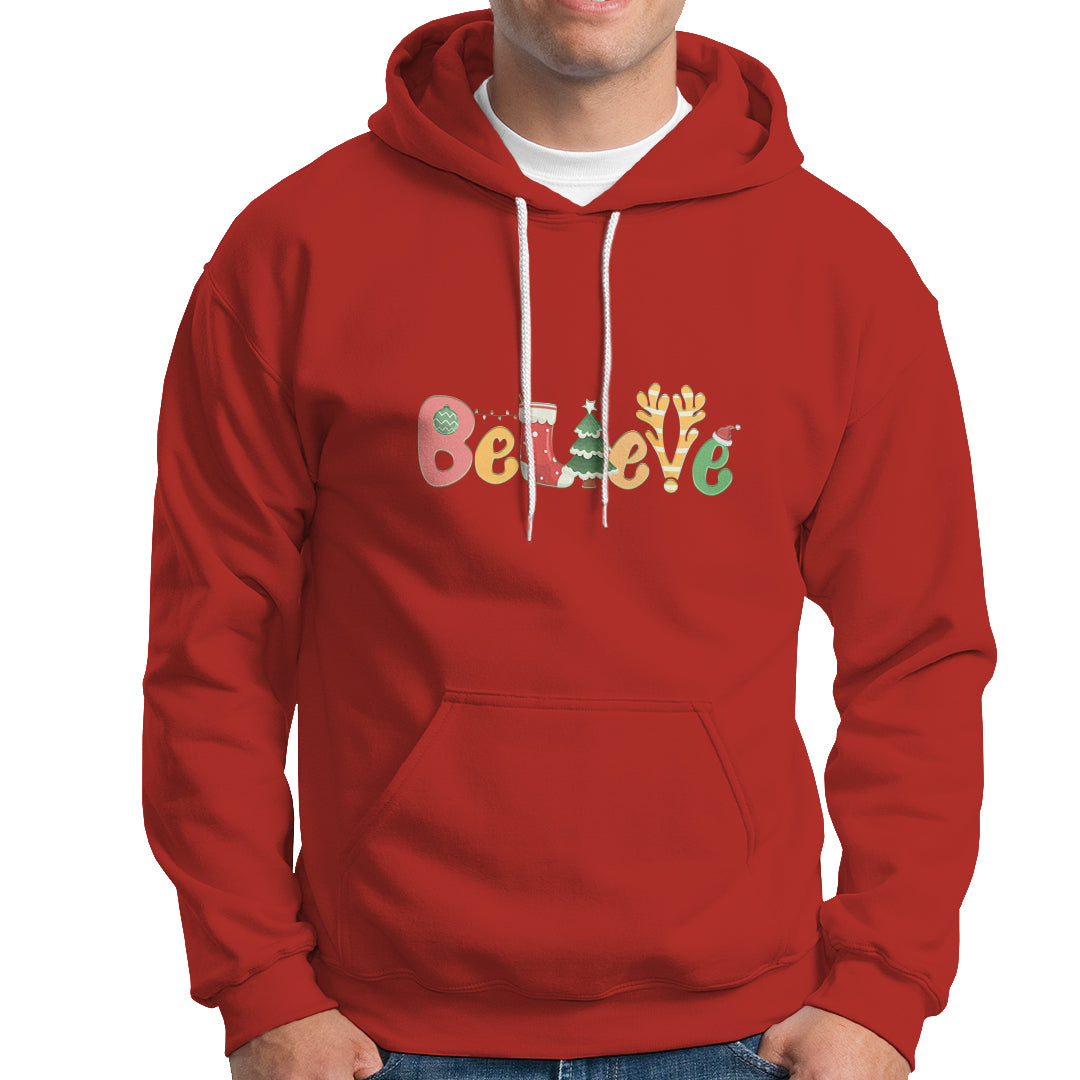 Believe Christmas Hoodie Santa Claus Reindeer Candy Cane Groovy Xmas - Wonder Print Shop
