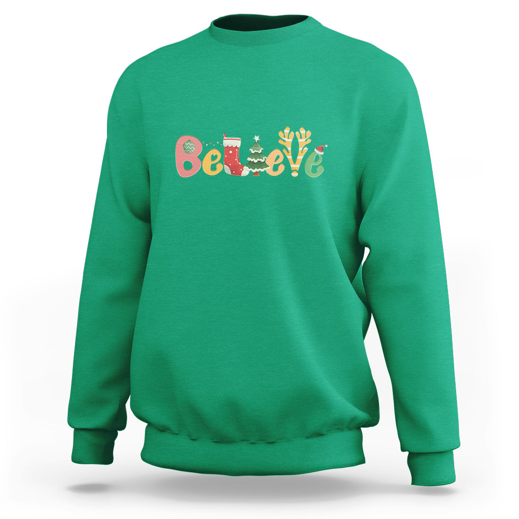 Believe Christmas Sweatshirt Santa Claus Reindeer Candy Cane Groovy Xmas - Wonder Print Shop
