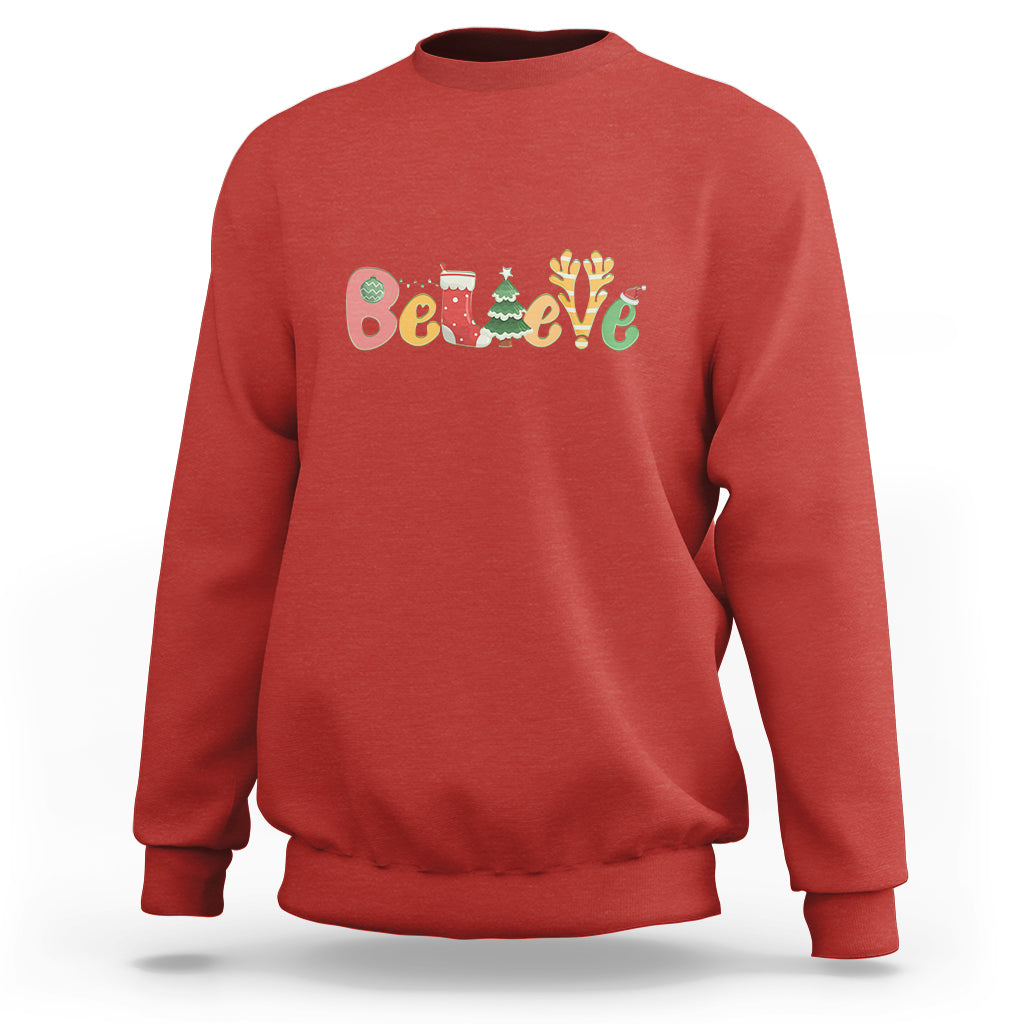 Believe Christmas Sweatshirt Santa Claus Reindeer Candy Cane Groovy Xmas - Wonder Print Shop