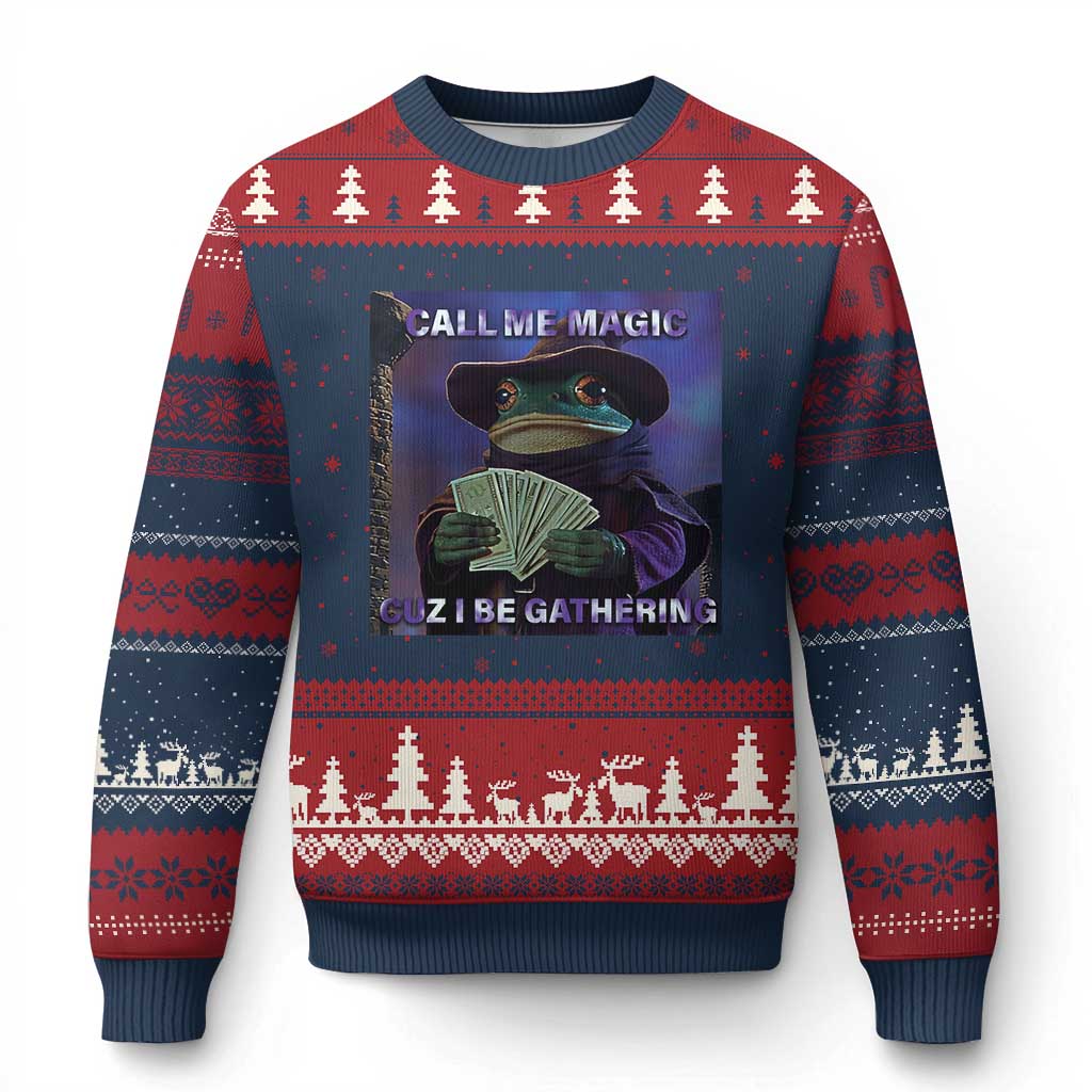Funny Wizard Frog Fantasy Meme Ugly Christmas Sweater Call Me Magic Cuz I Be Gathering MTG Gamer - Wonder Print Shop