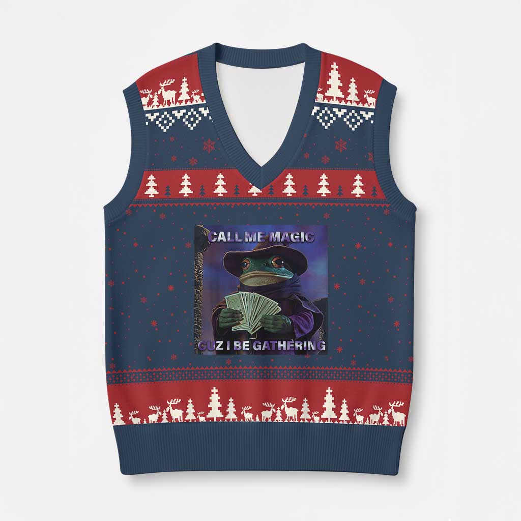Funny Wizard Frog Fantasy Meme V-Neck Knit Sweater Vest Call Me Magic Cuz I Be Gathering MTG Gamer - Wonder Print Shop