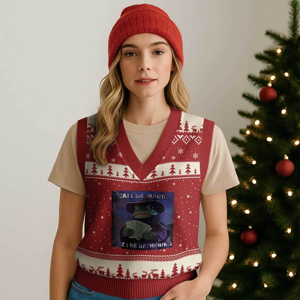 Funny Wizard Frog Fantasy Meme V-Neck Knit Sweater Vest Call Me Magic Cuz I Be Gathering MTG Gamer - Wonder Print Shop