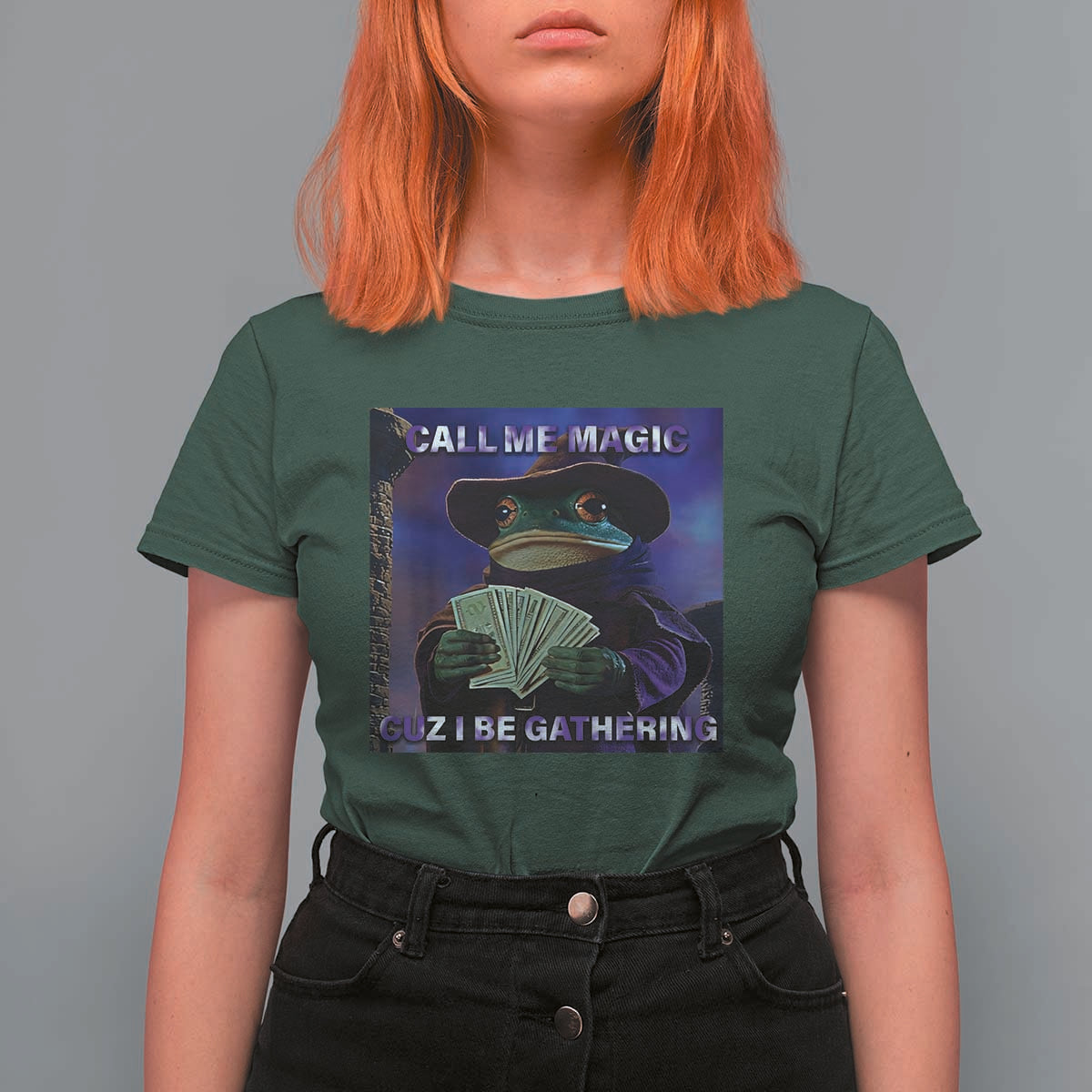 Funny Wizard Frog Fantasy Meme T Shirt For Women Call Me Magic Cuz I Be Gathering MTG Gamer - Wonder Print Shop