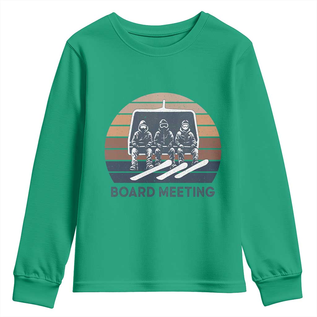 Funny Snowboarding Board Meeting Youth Sweatshirt Retro Chairlift Snowboarders Powder Junkies - Wonder Print Shop