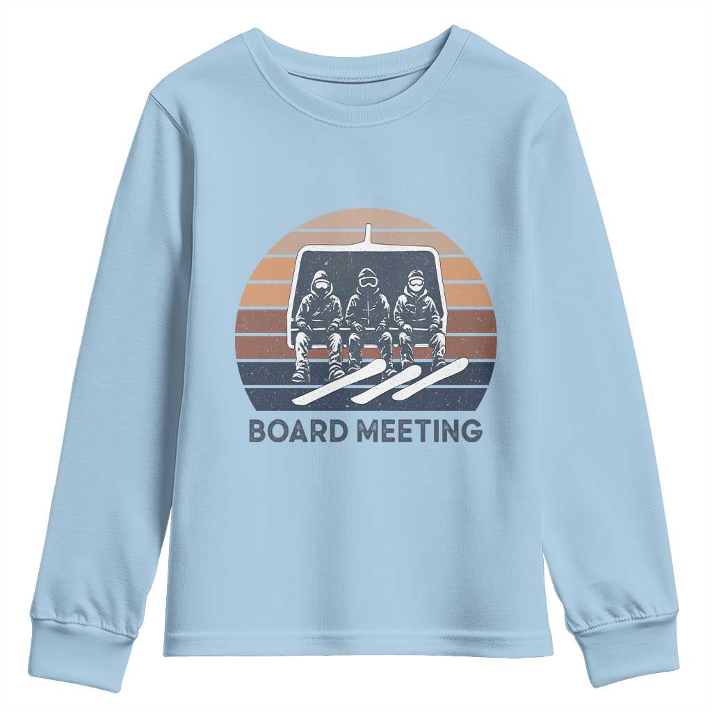Funny Snowboarding Board Meeting Youth Sweatshirt Retro Chairlift Snowboarders Powder Junkies - Wonder Print Shop