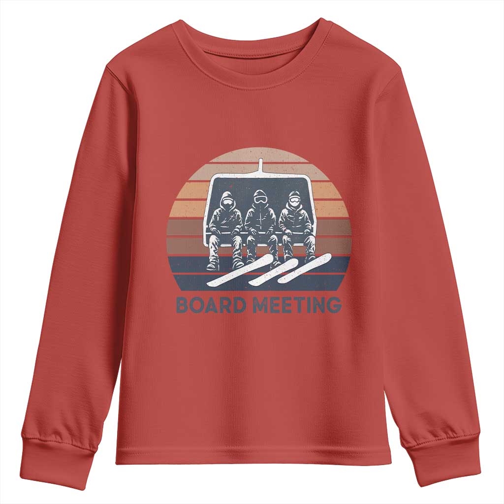 Funny Snowboarding Board Meeting Youth Sweatshirt Retro Chairlift Snowboarders Powder Junkies - Wonder Print Shop