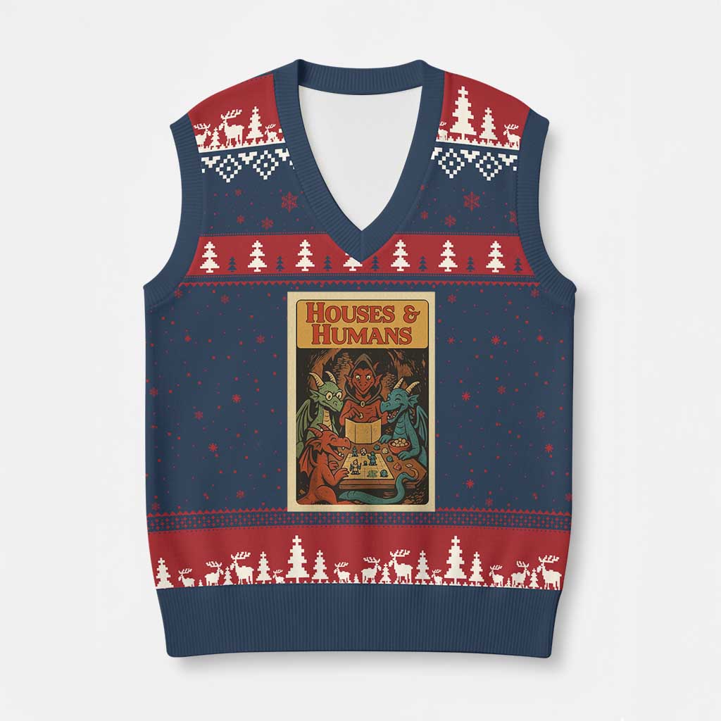Houses and Humans Fantasy Tabletop Game V-Neck Knit Sweater Vest Retro RPG Dragons Board Game Roleplay Fans - Wonder Print Shop