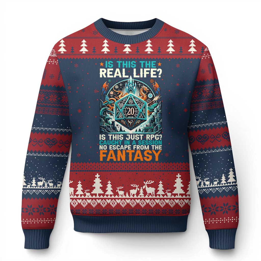 Is This the Real Life RPG Parody Fantasy Dice Ugly Christmas Sweater Funny Epic Tabletop Dungeon Roleplay Game Fans - Wonder Print Shop