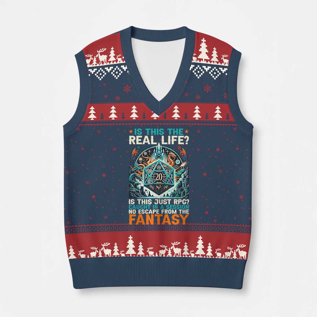 Is This the Real Life RPG Parody Fantasy Dice V-Neck Knit Sweater Vest Funny Epic Tabletop Dungeon Roleplay Game Fans - Wonder Print Shop