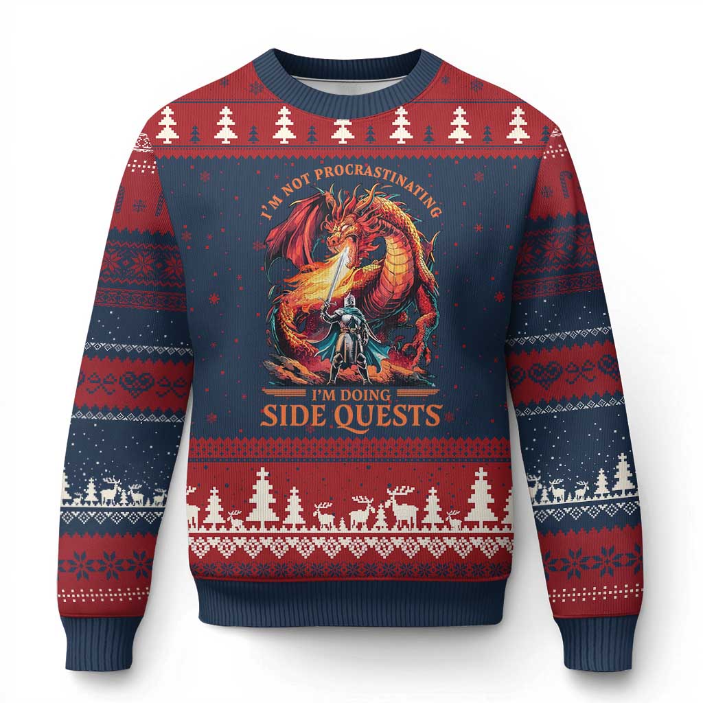 I’m Not Procrastinating I’m Doing Side Quests Ugly Christmas Sweater Fantasy Gamer Humor Epic Dragon RPG Adventure - Wonder Print Shop