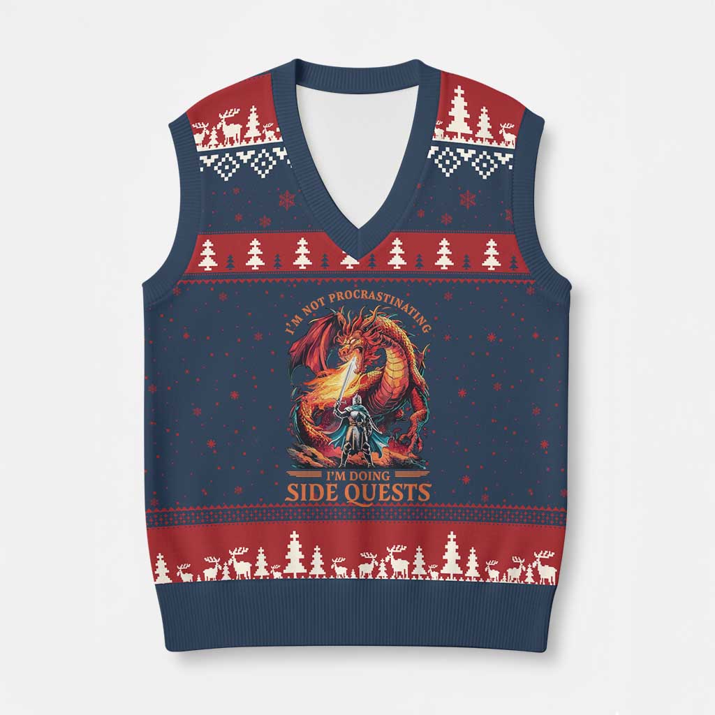 I’m Not Procrastinating I’m Doing Side Quests V-Neck Knit Sweater Vest Fantasy Gamer Humor Epic Dragon RPG Adventure - Wonder Print Shop