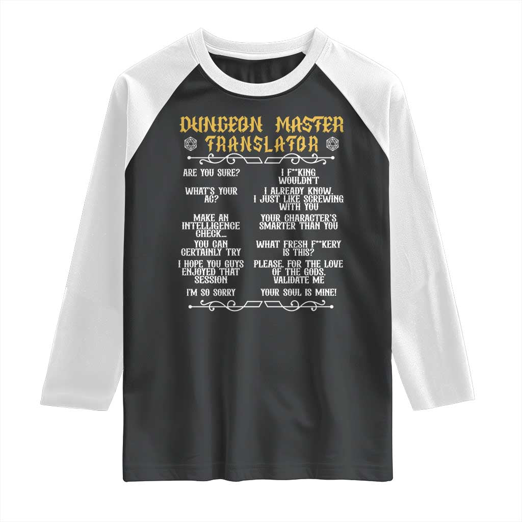 Dungeon Master Translator RPG Humor Raglan Shirt Sarcastic Tabletop Roleplay Game Masters and Players - Wonder Print Shop