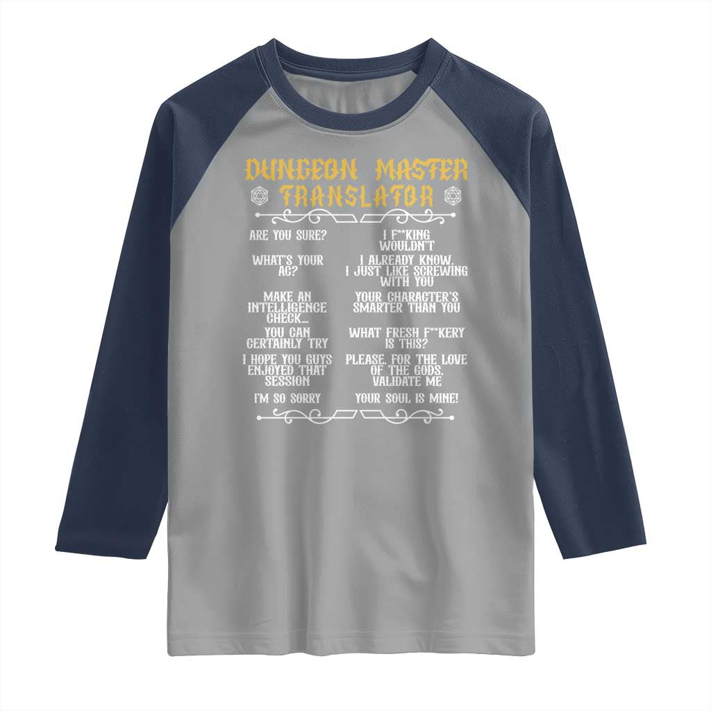 Dungeon Master Translator RPG Humor Raglan Shirt Sarcastic Tabletop Roleplay Game Masters and Players - Wonder Print Shop