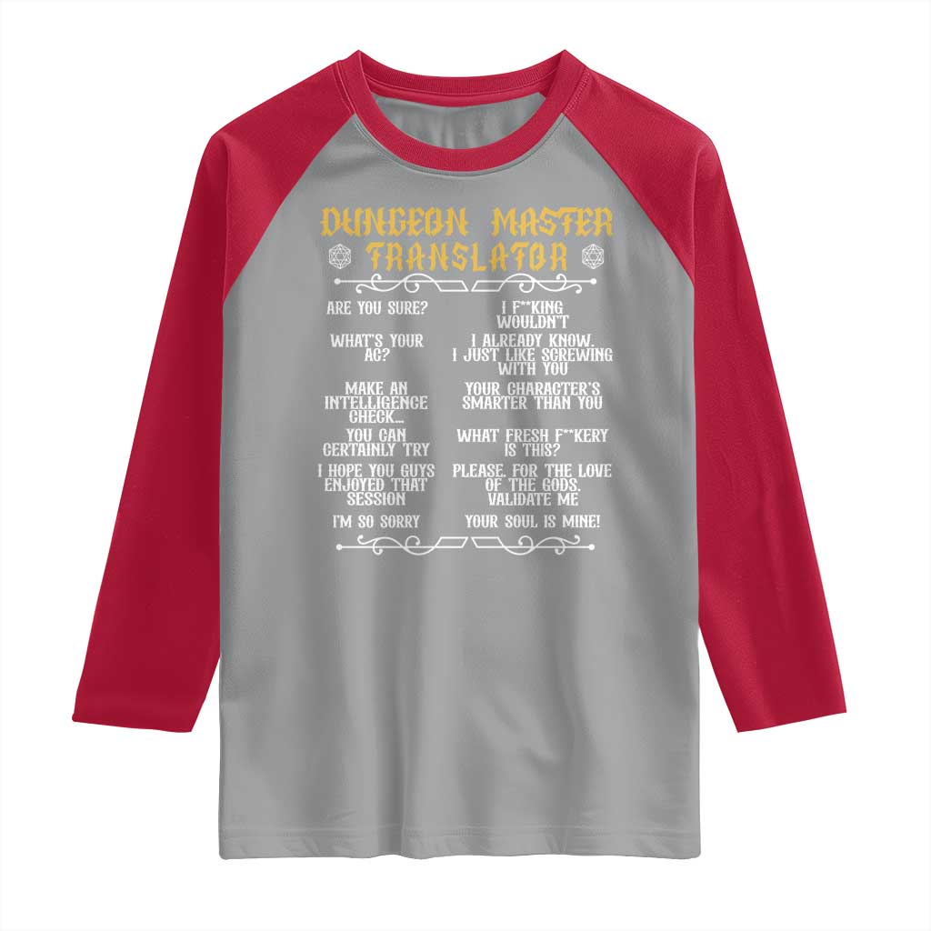 Dungeon Master Translator RPG Humor Raglan Shirt Sarcastic Tabletop Roleplay Game Masters and Players - Wonder Print Shop