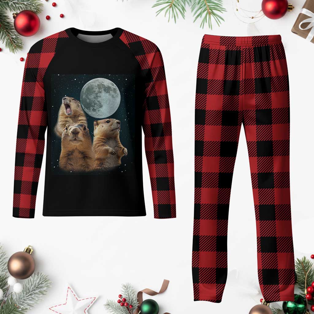Funny Three Groundhog Meme Plaid Pajama Set Woodchucks Under The Moon - Wonder Print Shop
