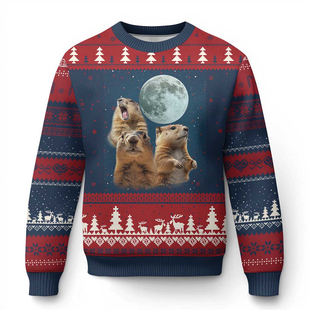 Funny Three Groundhog Meme Ugly Christmas Sweater Woodchucks Under The Moon - Wonder Print Shop