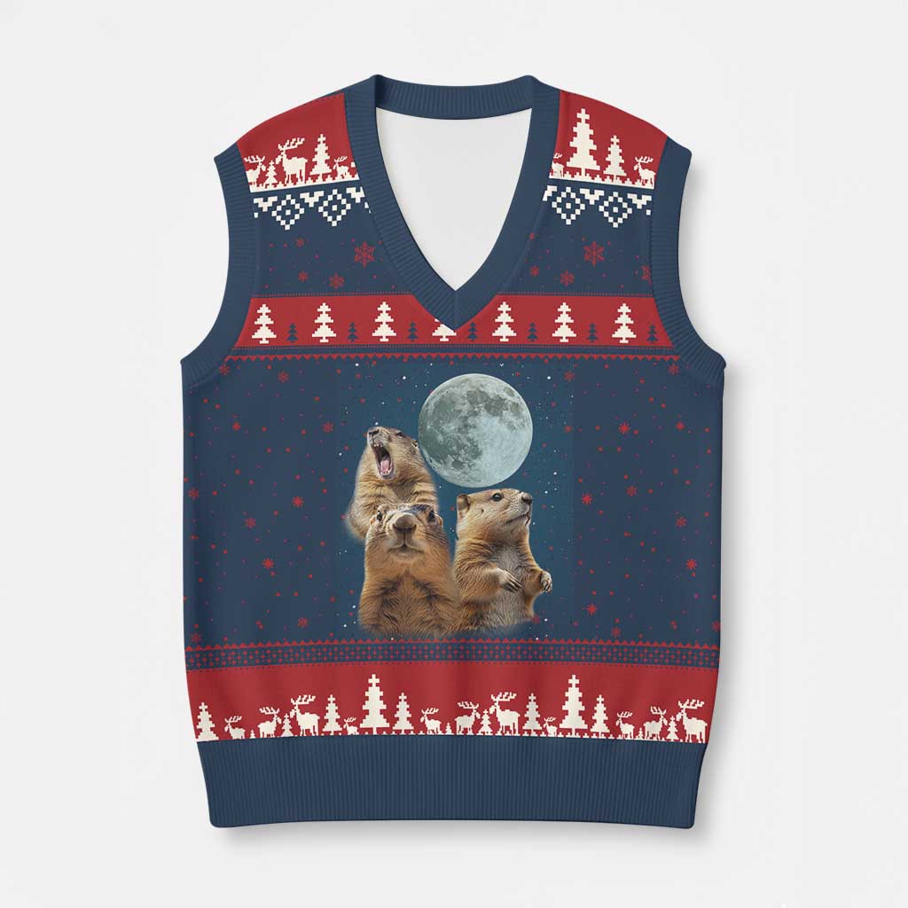 Funny Three Groundhog Meme V-Neck Knit Sweater Vest Woodchucks Under The Moon - Wonder Print Shop
