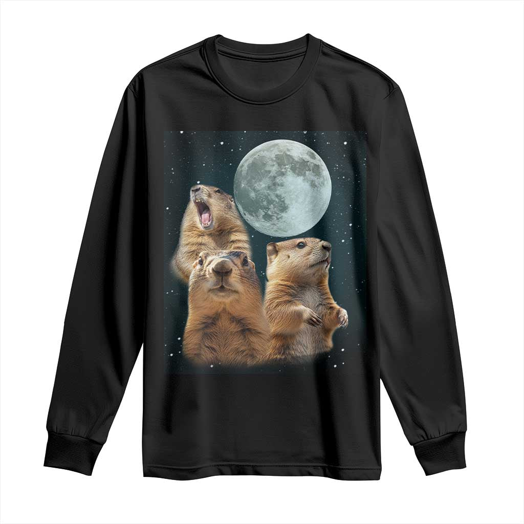 Funny Three Groundhog Meme Long Sleeve Shirt Woodchucks Under The Moon