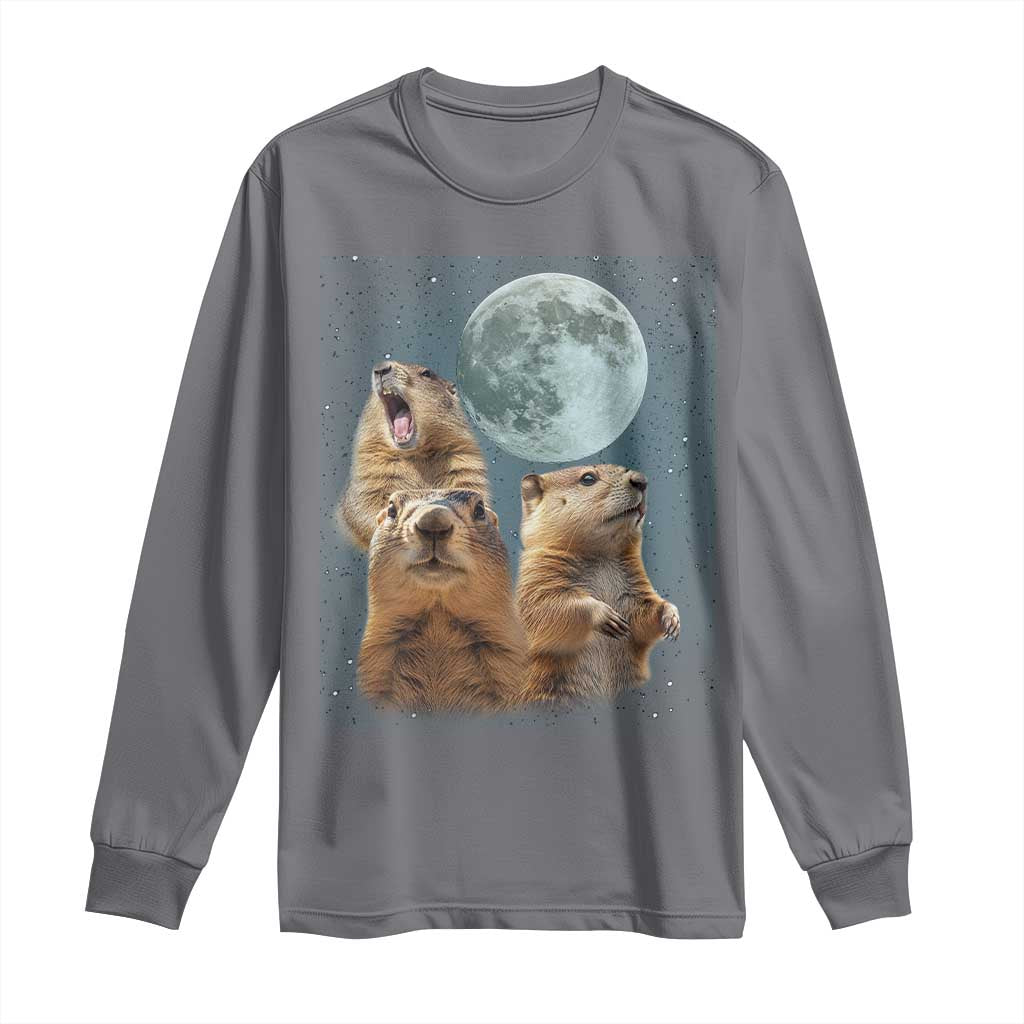 Funny Three Groundhog Meme Long Sleeve Shirt Woodchucks Under The Moon