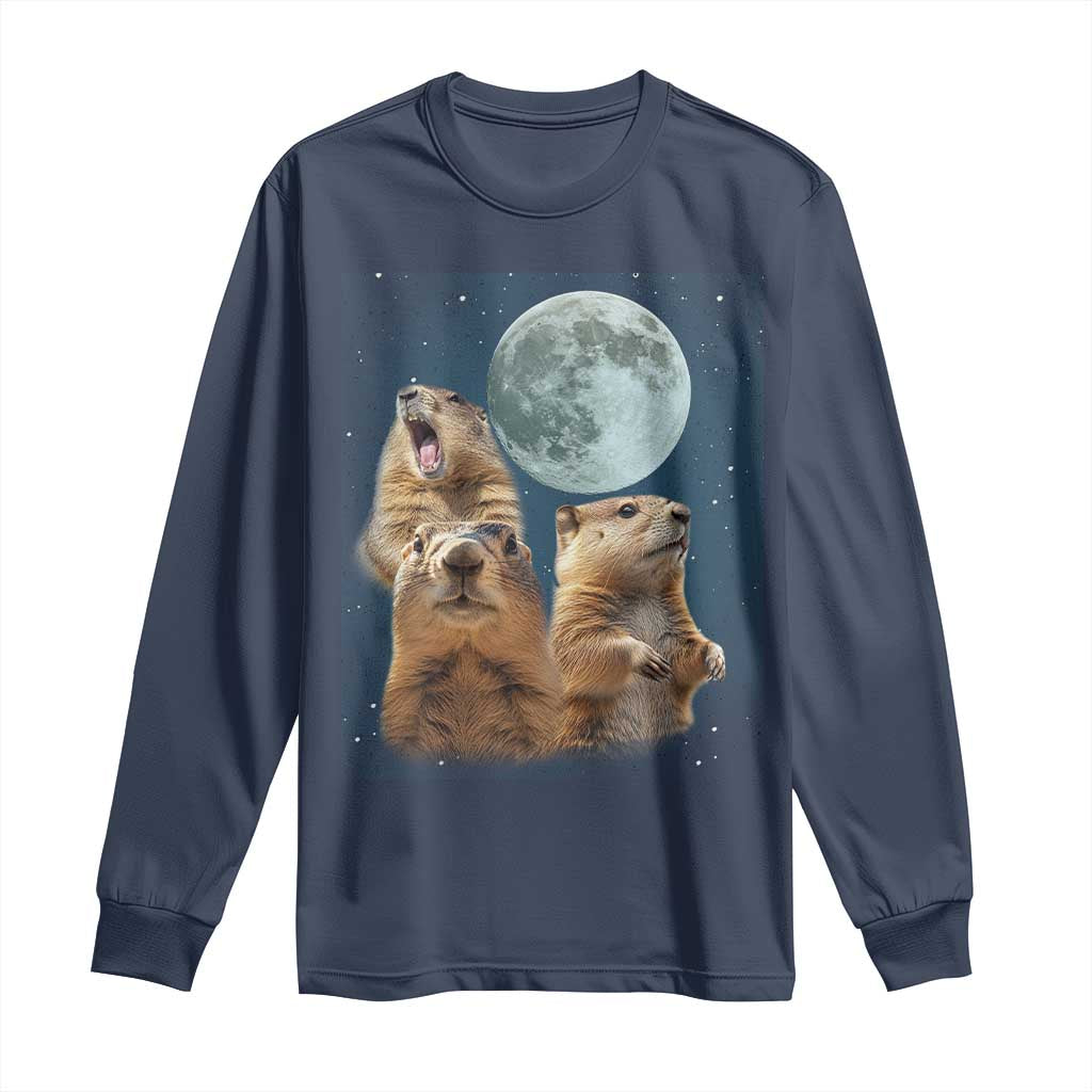 Funny Three Groundhog Meme Long Sleeve Shirt Woodchucks Under The Moon