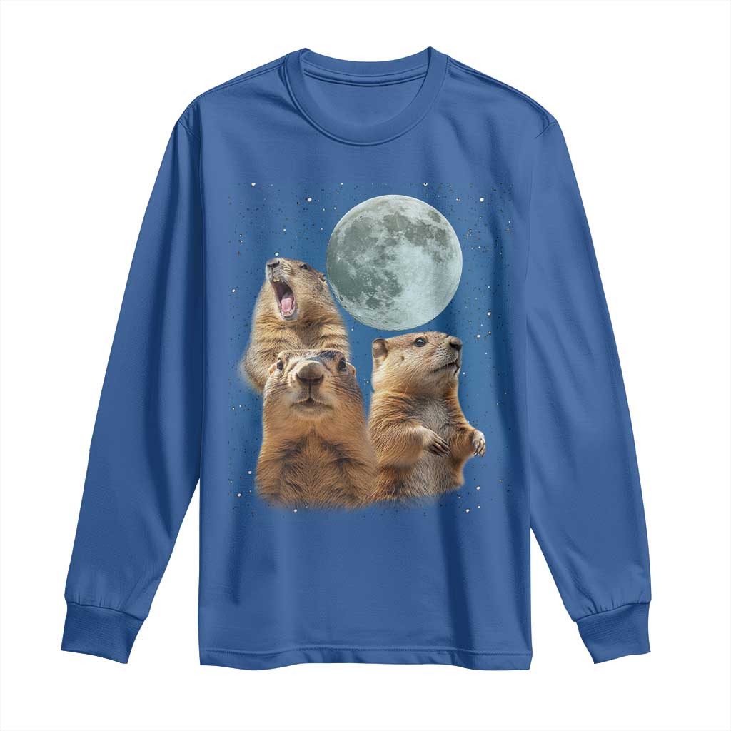 Funny Three Groundhog Meme Long Sleeve Shirt Woodchucks Under The Moon
