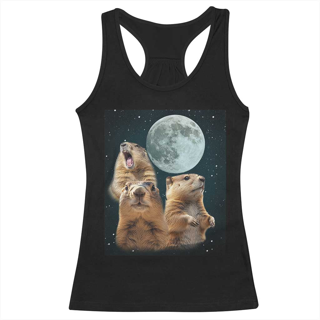 Funny Three Groundhog Meme Racerback Tank Top Woodchucks Under The Moon