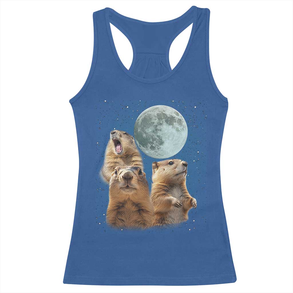 Funny Three Groundhog Meme Racerback Tank Top Woodchucks Under The Moon