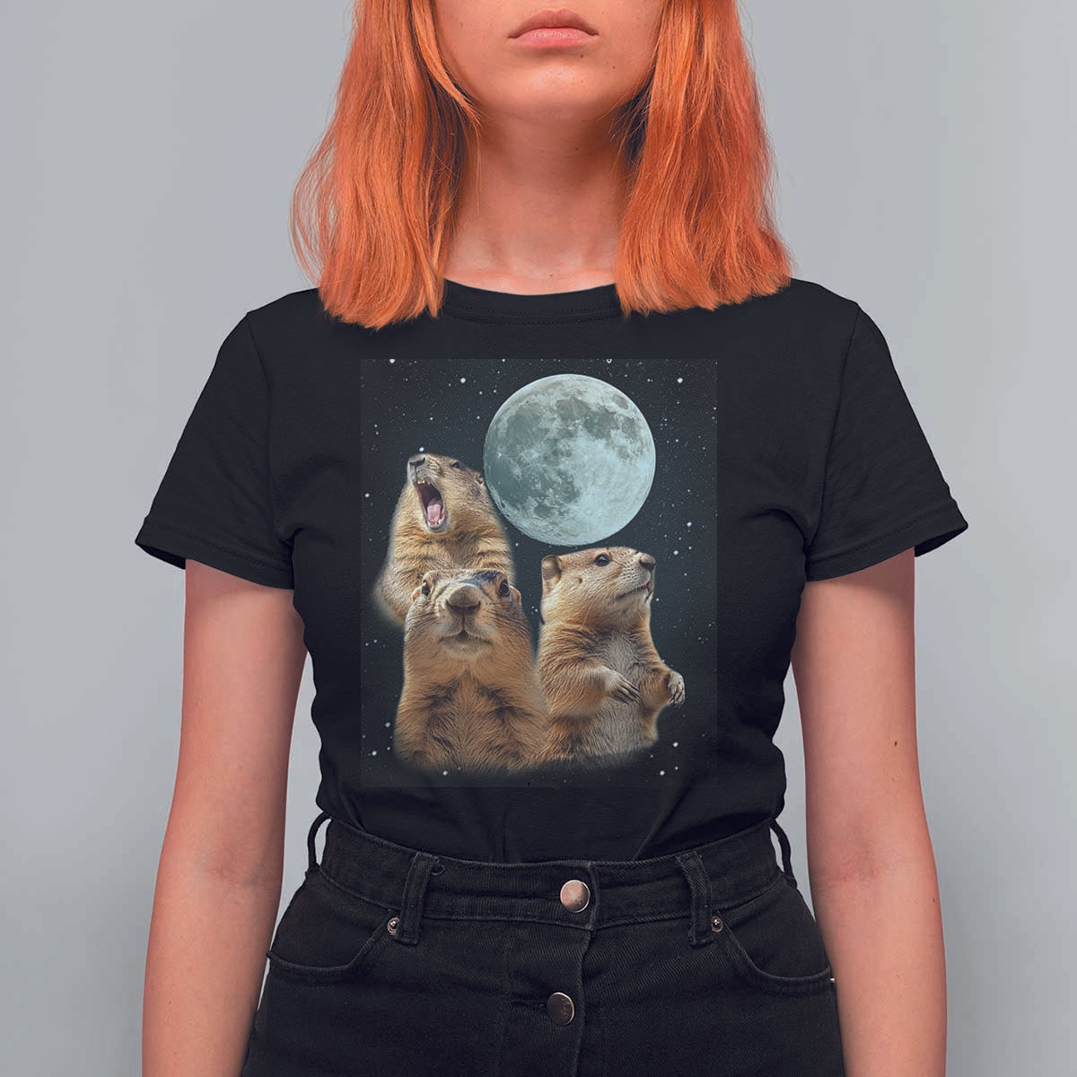 Funny Three Groundhog Meme T Shirt For Women Woodchucks Under The Moon