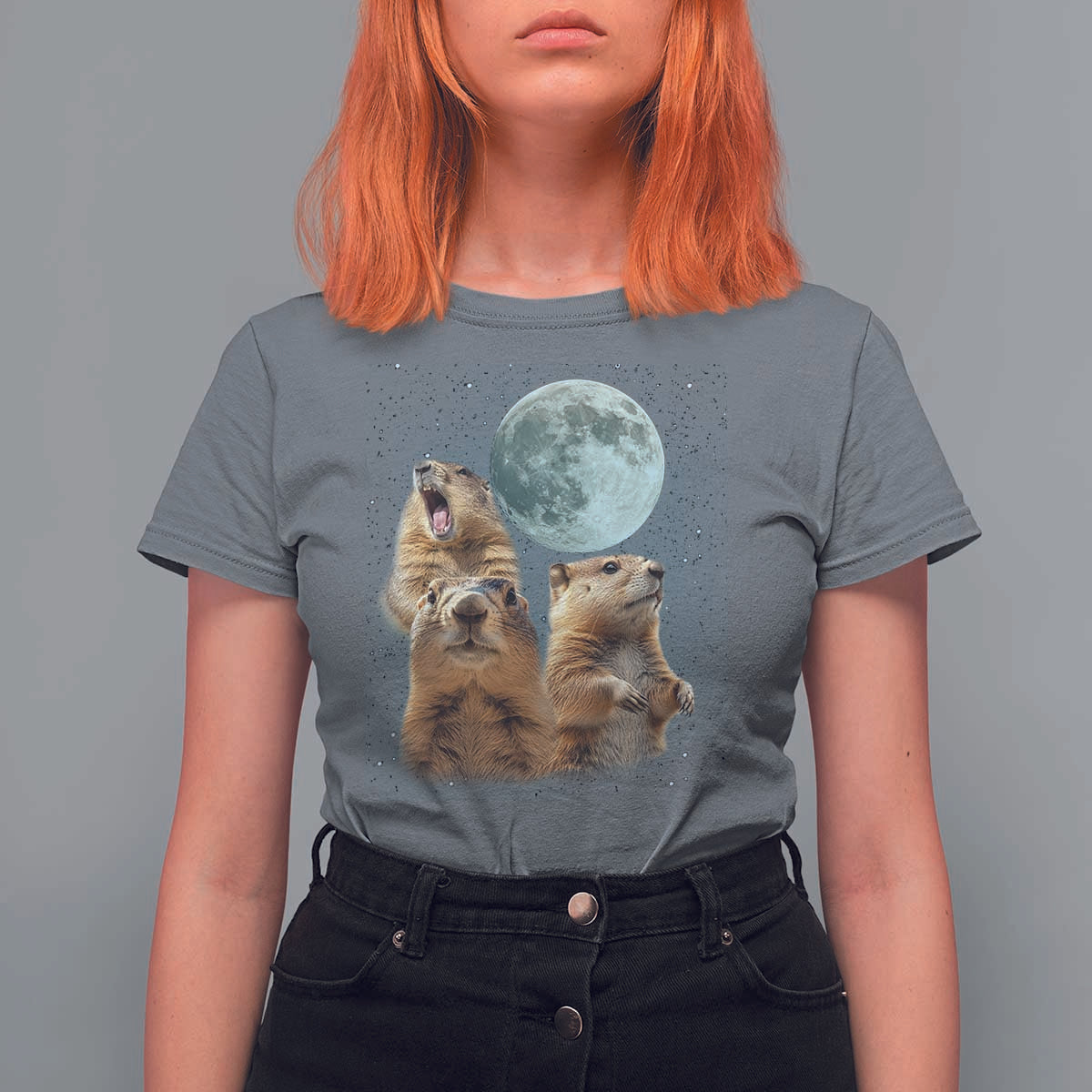 Funny Three Groundhog Meme T Shirt For Women Woodchucks Under The Moon