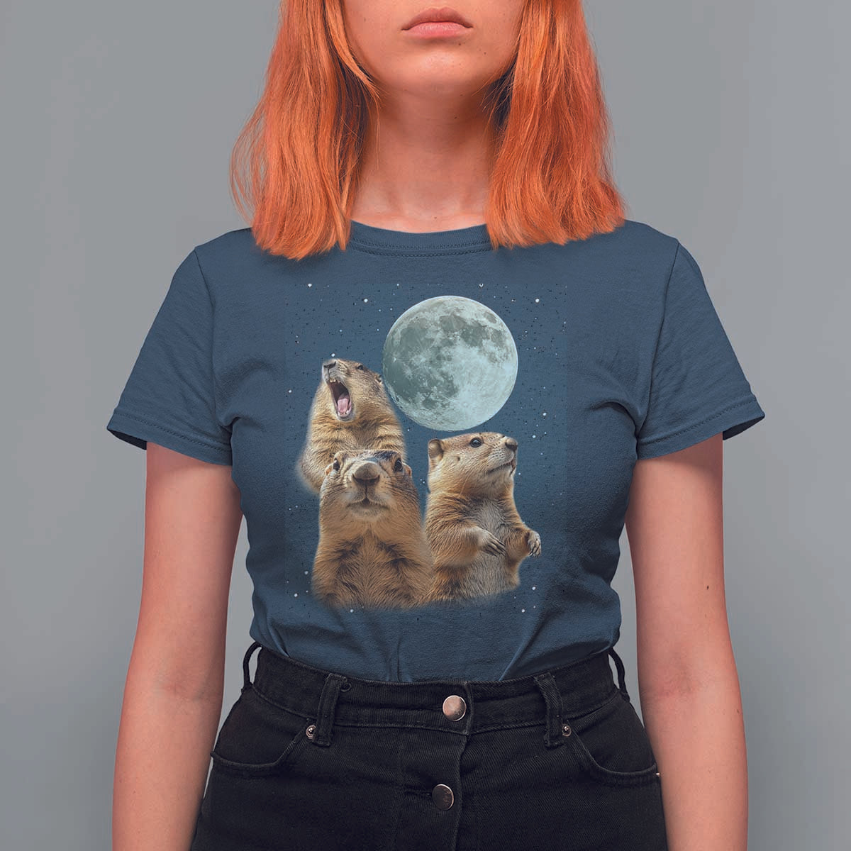 Funny Three Groundhog Meme T Shirt For Women Woodchucks Under The Moon