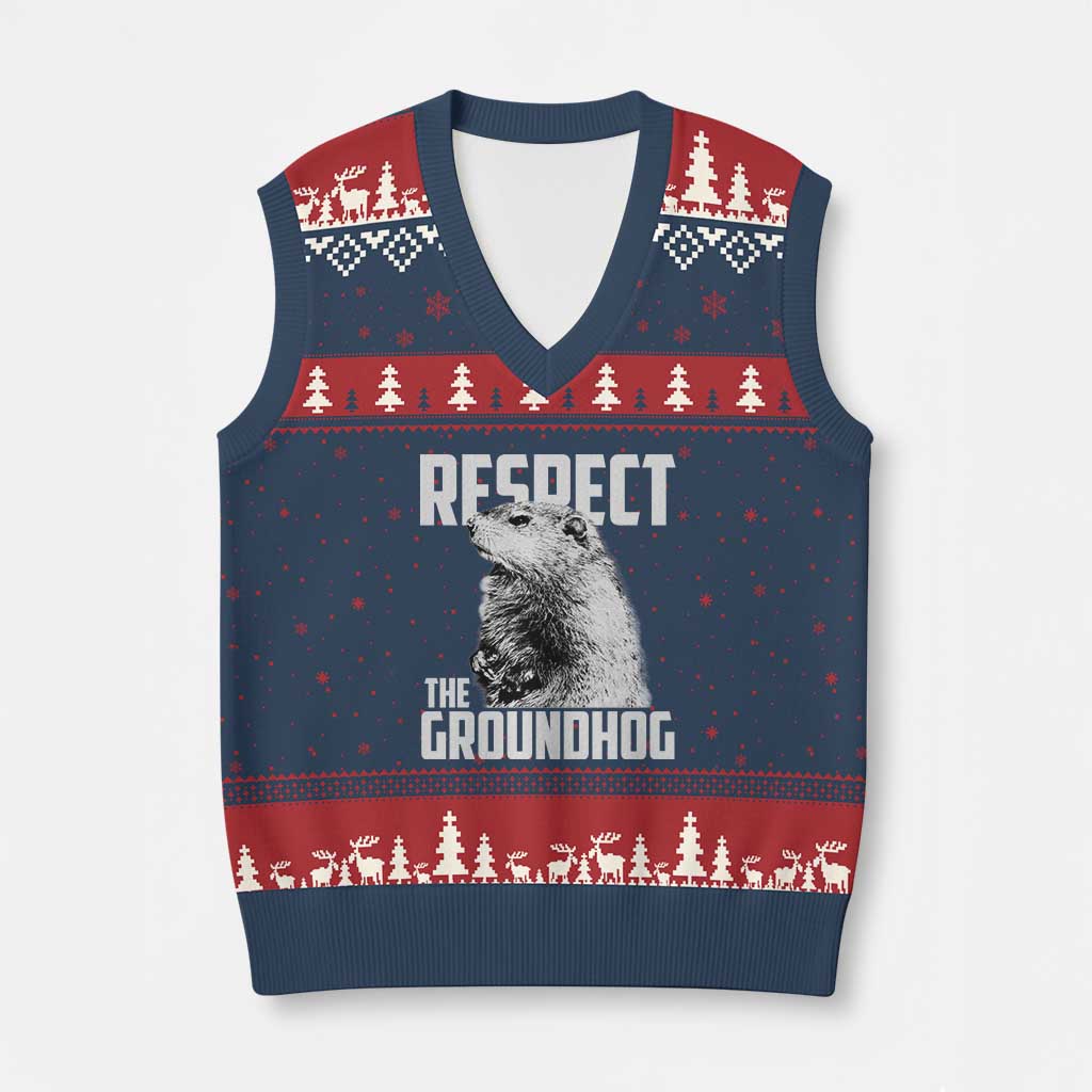 Respect The Groundhog V-Neck Knit Sweater Vest Funny Woodchuck Shadow Meteorlogy - Wonder Print Shop